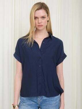 Classic Navy Short-Sleeve Button-Up Blouse - Women's Top